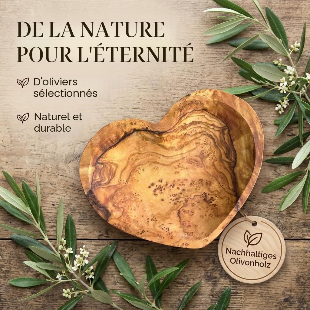 Coussin pour alliances de mariage en bois d'olivier personnalisé - Bol en bois en forme de cœur fait à la main