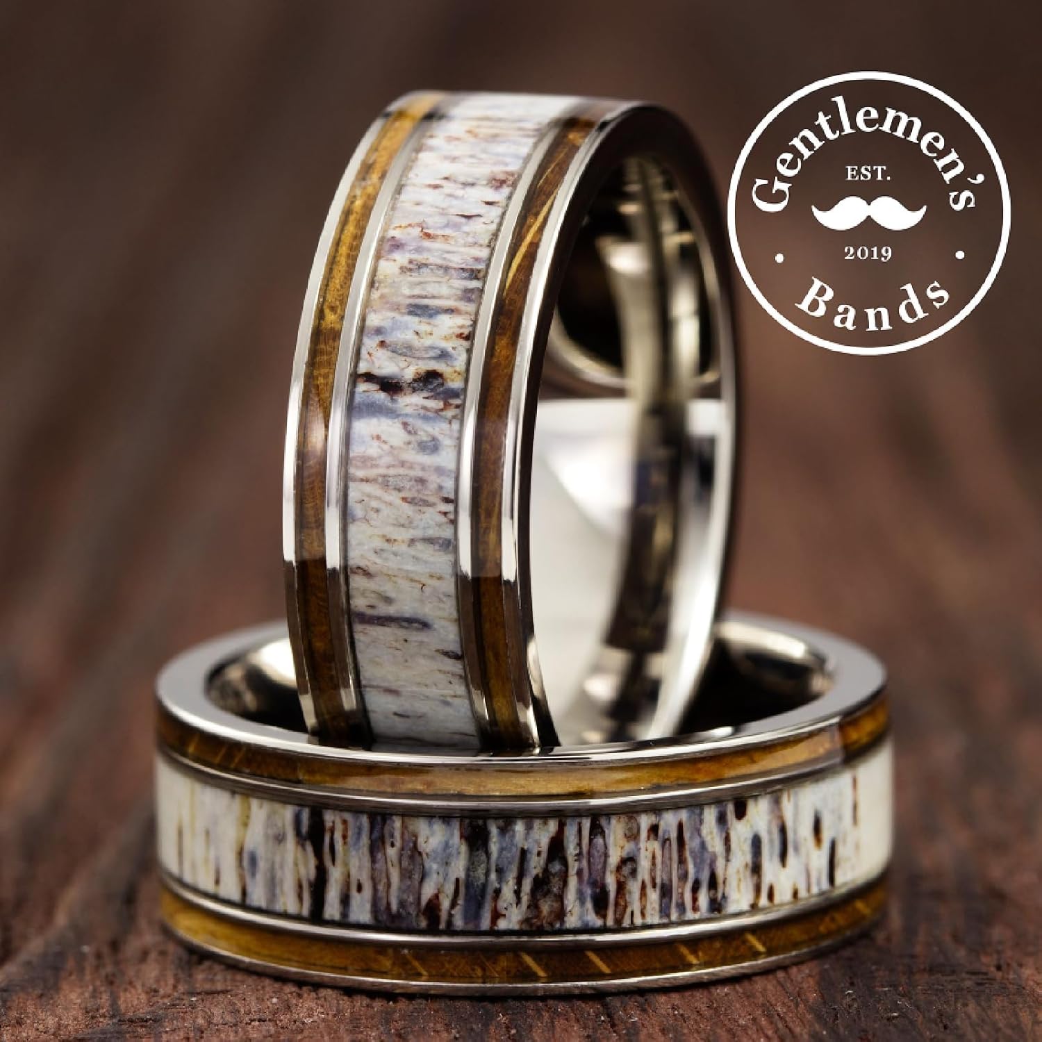 Gentlemen's Bands Premium Silver Tungsten Mens Wedding Band With Whiskey Barrel Wood & Large Deer Antler Inlay | Package Includes Silicon Band, Walnut Ring Box, Leather pouch