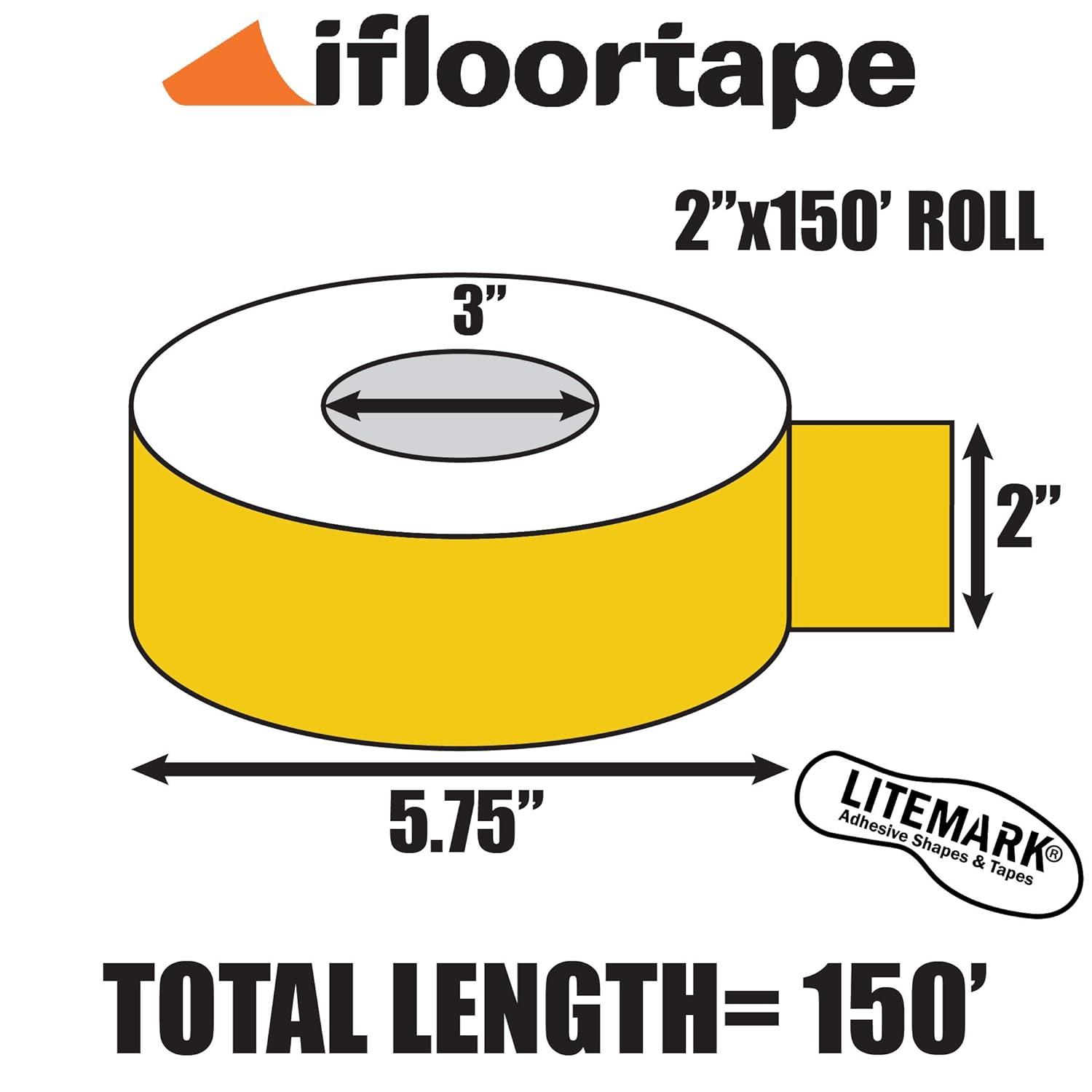 LiteMark 2" Yellow Removable Vinyl Marking Tape - High-Visibility Matte Finish, Adhesive for Smooth Surfaces - Ideal for Safety Marking, Floors, Warehouses, Short Events - 150 Feet Roll
