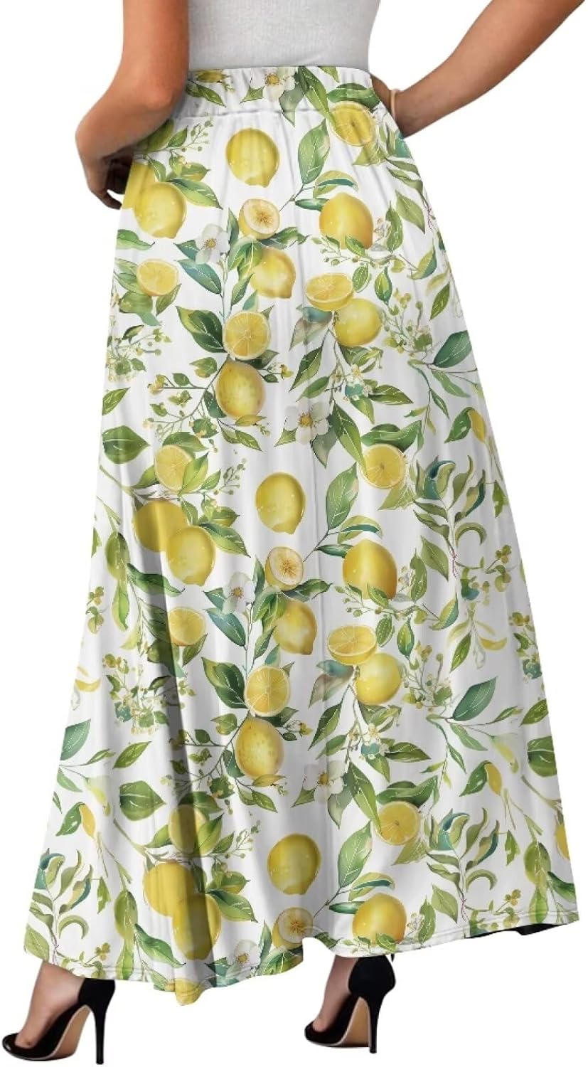 Yewattles Women’s Elastic High Waist Pleated A-Line Flowy Swing Maxi Long Skirt Dress with Pockets