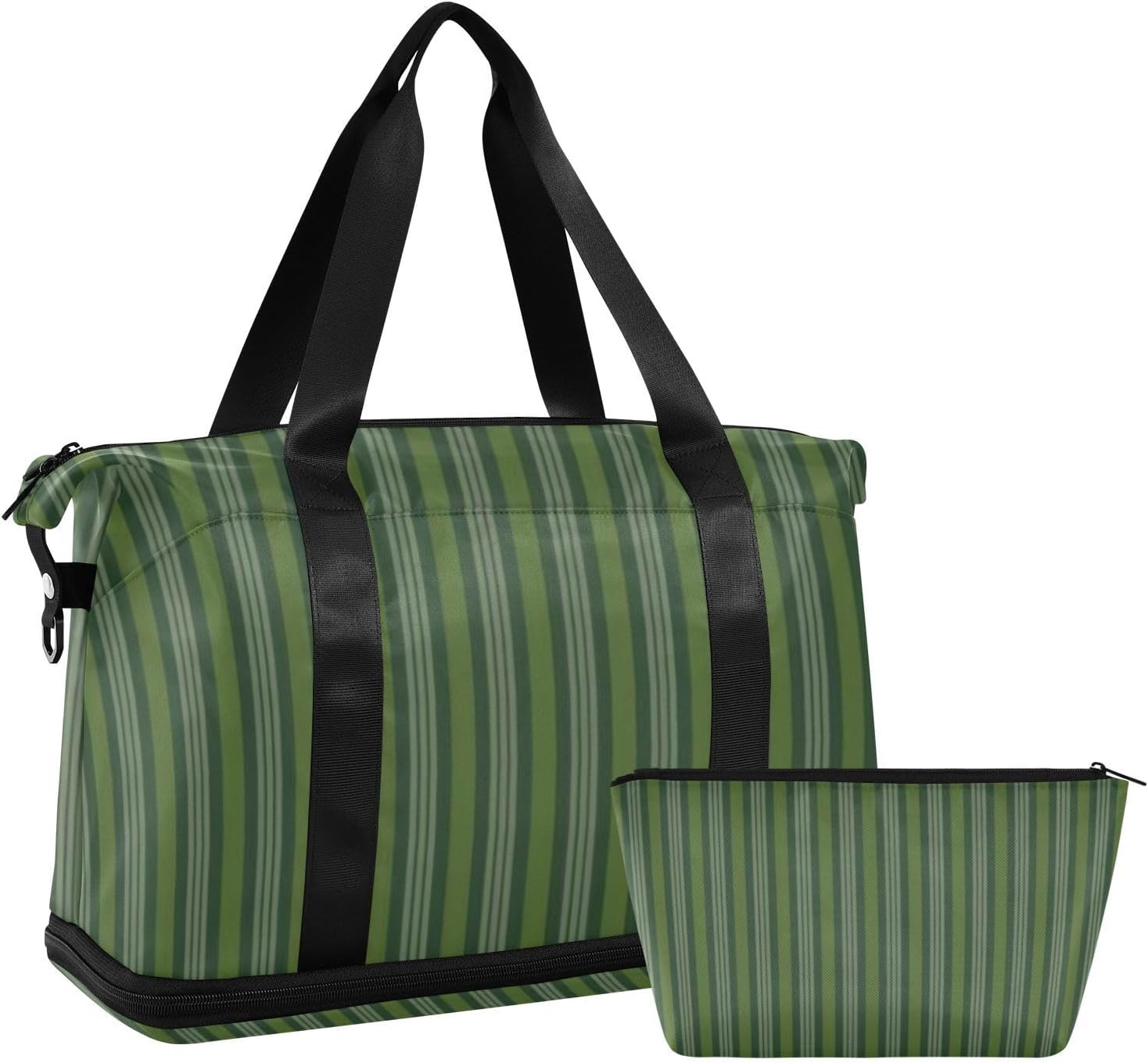 Gray-green Stripe Sports Tote Gym Bag Overnight Bag with Adjustable Strap for Hiking Foldable
