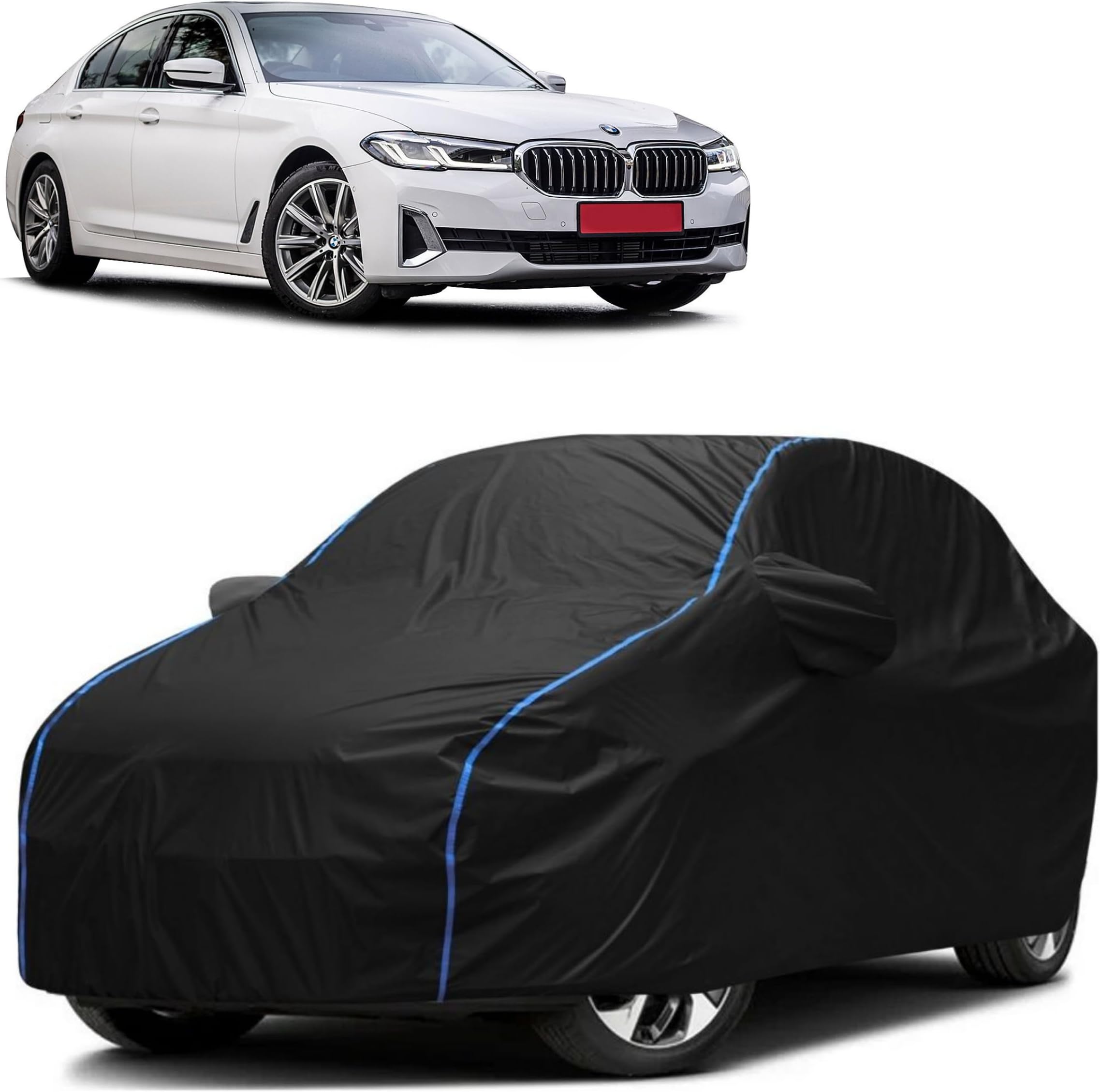 FAVY All Weather Resistant Car Body Cover Compatible with BMW 525i Scratch Proof, Anti-Dust, UV Protection with Windproof Buckle Strap and Mirror Pockets, Bottom Elastic Fitted-Black