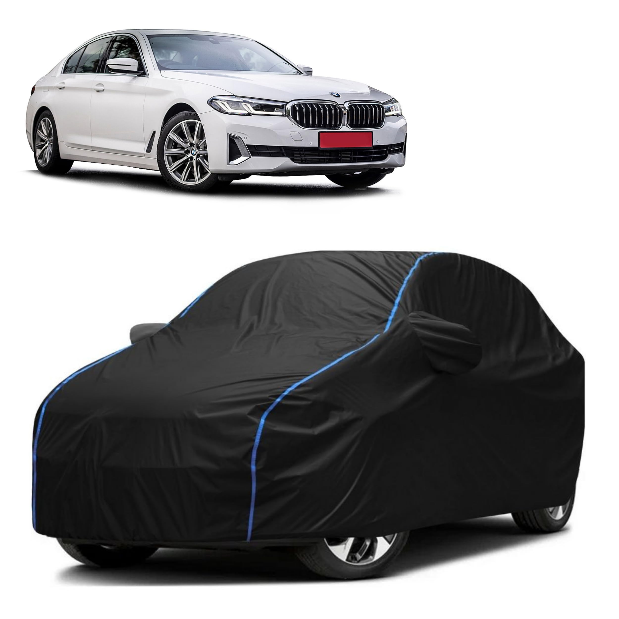 FAVY All Weather Resistant Car Body Cover Compatible with BMW 525i Scratch Proof, Anti-Dust, UV Protection with Windproof Buckle Strap and Mirror Pockets, Bottom Elastic Fitted-Black
