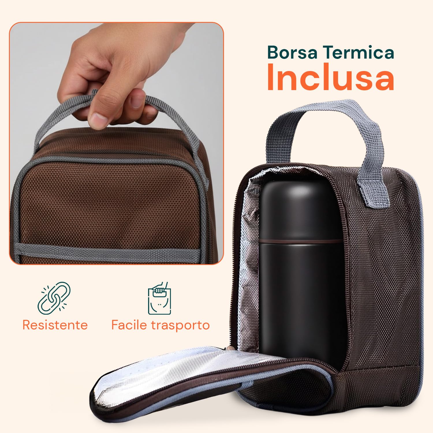 Avilia - Porta Pranzo Termico 1200 ml in Acciaio Inox con Borsa Isotermica e Cucchiaio Pieghevole, Lunch Box Ermetico per Alimenti Caldi e Freddi, Facile da Pulire e Ideale per Ufficio, Scuola o Viagg