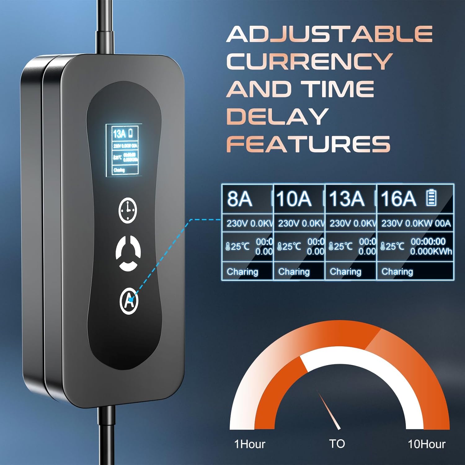Image of the charger's control box display showing options for adjustable current and time delay features.