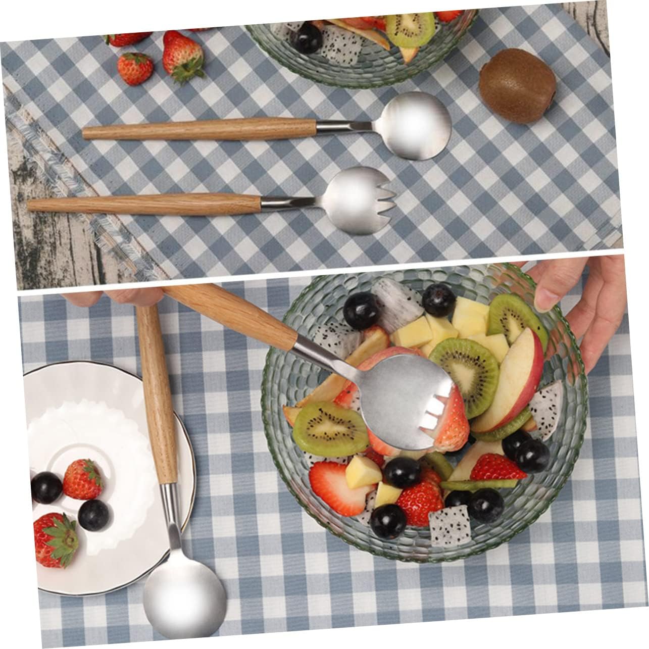 KICHOUSE 2pc Pink Silverware Set Salad Fork Spoon Stainless Steel Wooden Handle Cutlery for Lunch Box