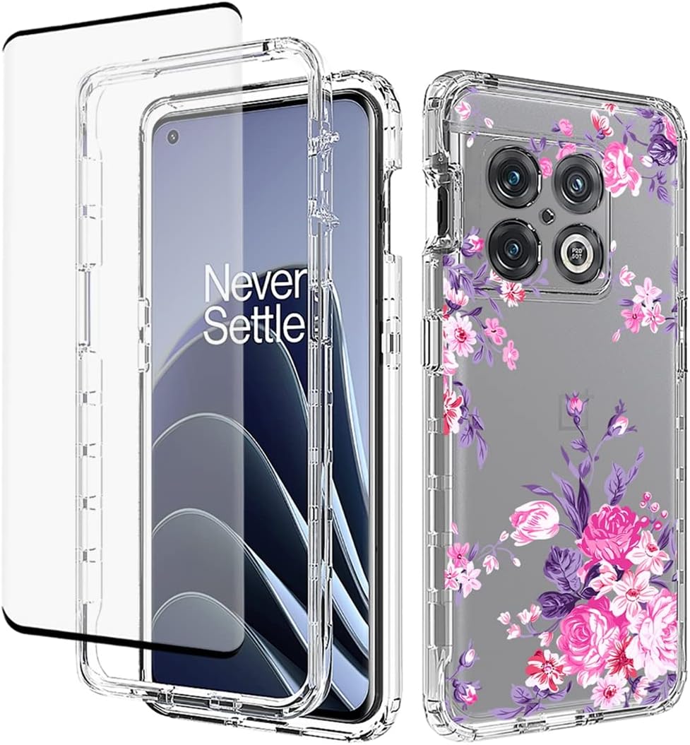 Mobile Phone Case for Oneplus 10 Pro NE2210 Case with Tempered Glass Screen Protector Transparent Flowers TPU Full Protection Set with Shockproof Frame Protective Case for Oneplus 10 Pro Rose