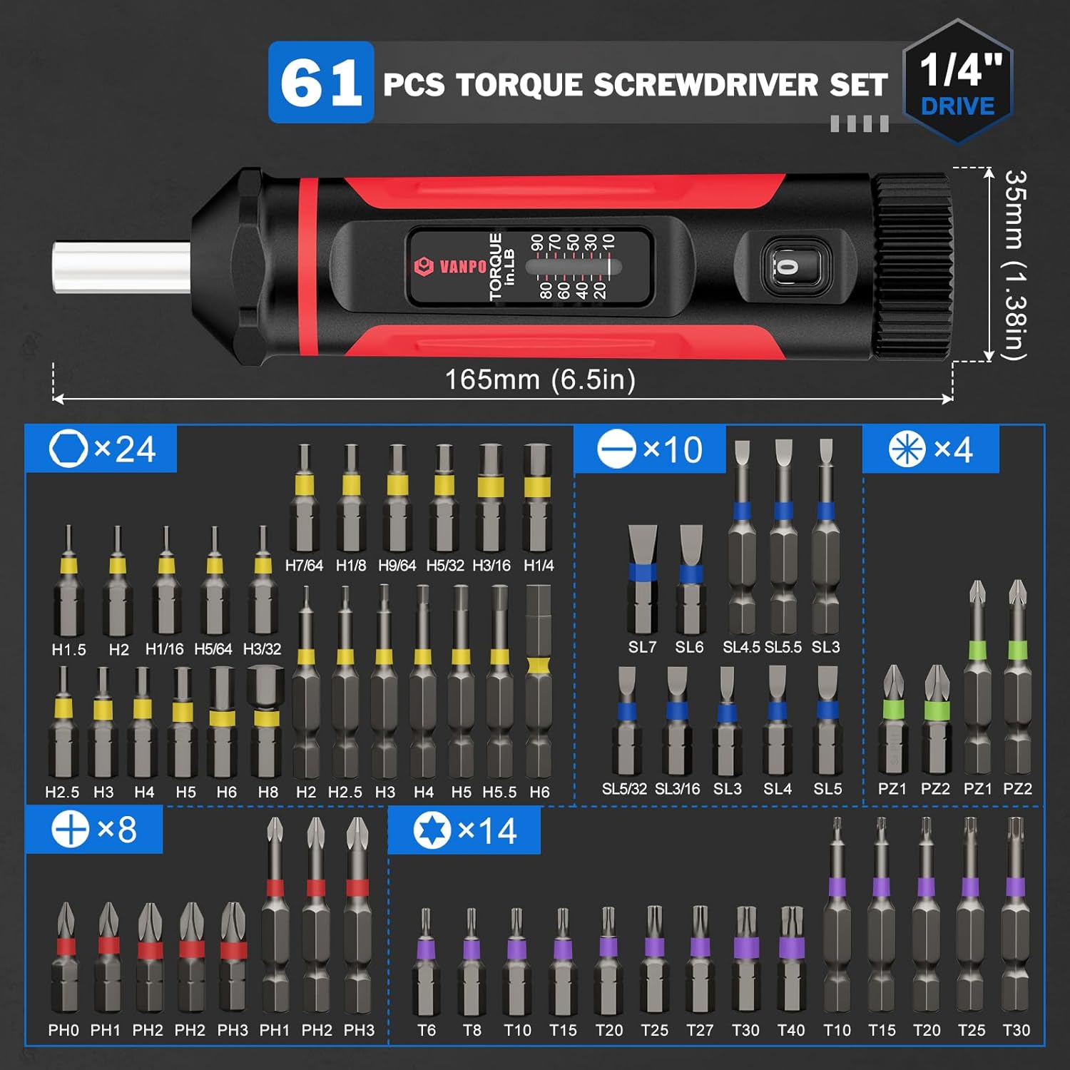 VANPO Torque Screwdriver, 10-90In-lb Torque Screw Driver Wrench Driver Set, 1/4” Drive Inch Pounds Torque Wrench Screwdriver with 60 S2 Bits for Maintenance, Tools, DIY, Bike Repairing and Mounting