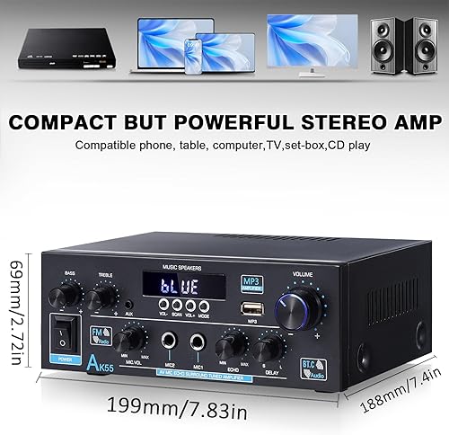 Miniatura 4 de AK55 Bluetooth 5.0 Amplificador de audio para el hogar, 2.0 canales máx. 450 W Receptor amplificador estéreo de potencia con USBAUXRCAOptCOA2 MIC in
