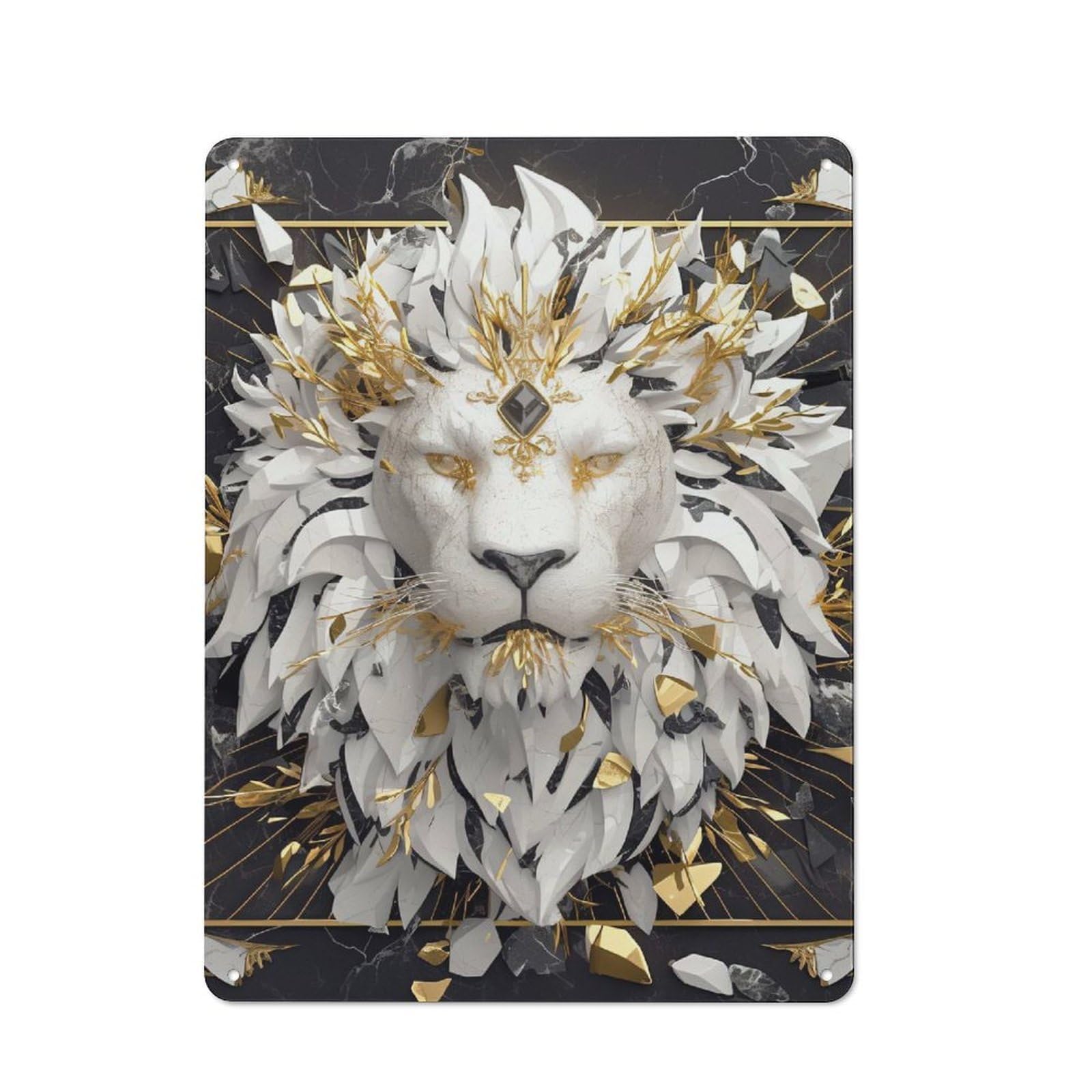 Workshop Style Lion with Golden Crown on Marble Tin Sign 40x30cm, Industrial Wall Art for Garage, Hobby Room, Office Or Man Cave