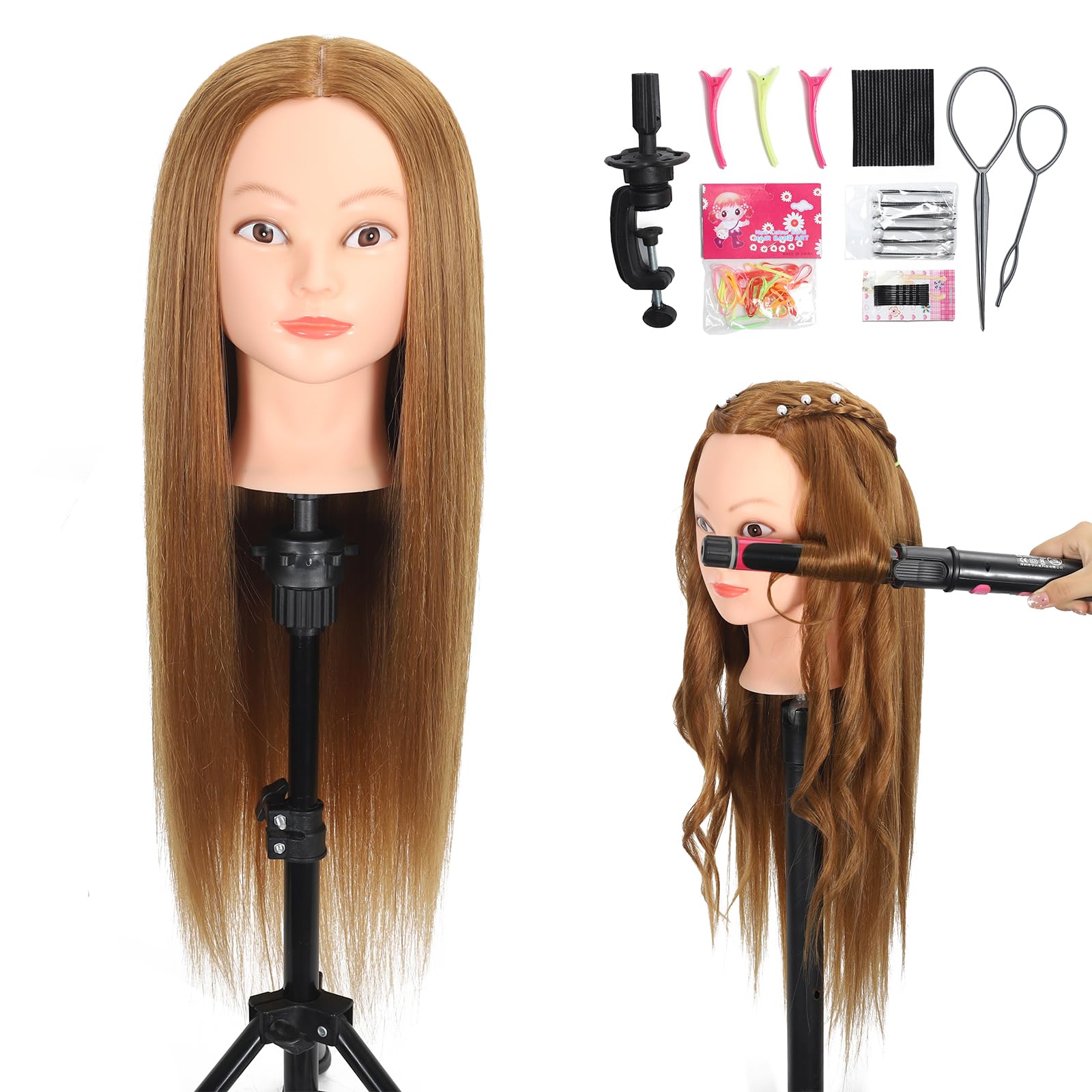 ZOMOI Mannequin Head with 80% Real Human Hair 26''-28"Cosmetology Mannequin Doll Head to Practice Hair Styles Hairdresser Practice Braiding Head(27# Light Brown)