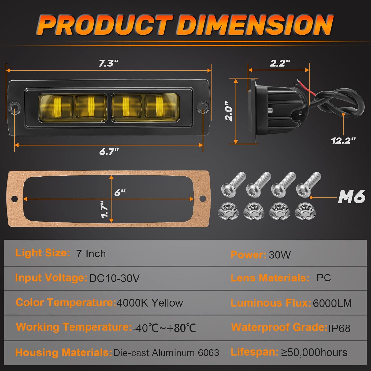 DERI 7 Inch Flush Mount LED Pods, 2PCS Yellow Amber 4000K Flush Mount Bumper Fog Lights With Cutoff Line, 6000LM Waterproof LED Driving Fog Light Bar Spot For Truck Pickup SUV Car 4x4 ATV UTV