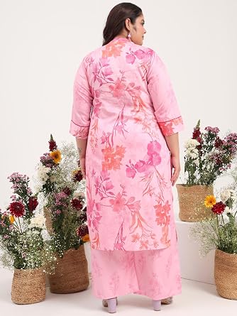 Tissu Women's Plus Size Cotton Satin Pink Floral Printed Kurta with Palazzo
