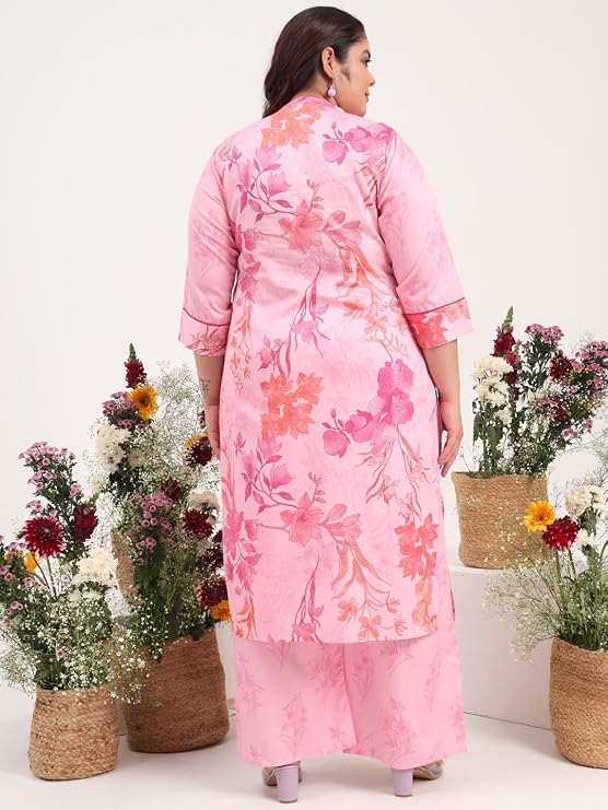Tissu Women's Plus Size Cotton Satin Pink Floral Printed Kurta with Palazzo