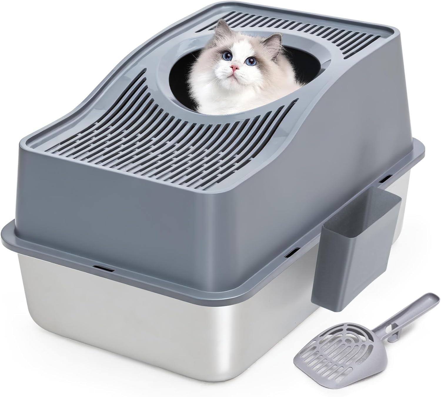Top Entry Cat Litter Box with Lid, Stainless Steel Enclosed Cat Kitty Litterbox, Top Loading Large Metal High Side Litter Pan Tray Box Enclosure Easy Cleaning Anti-Leakage