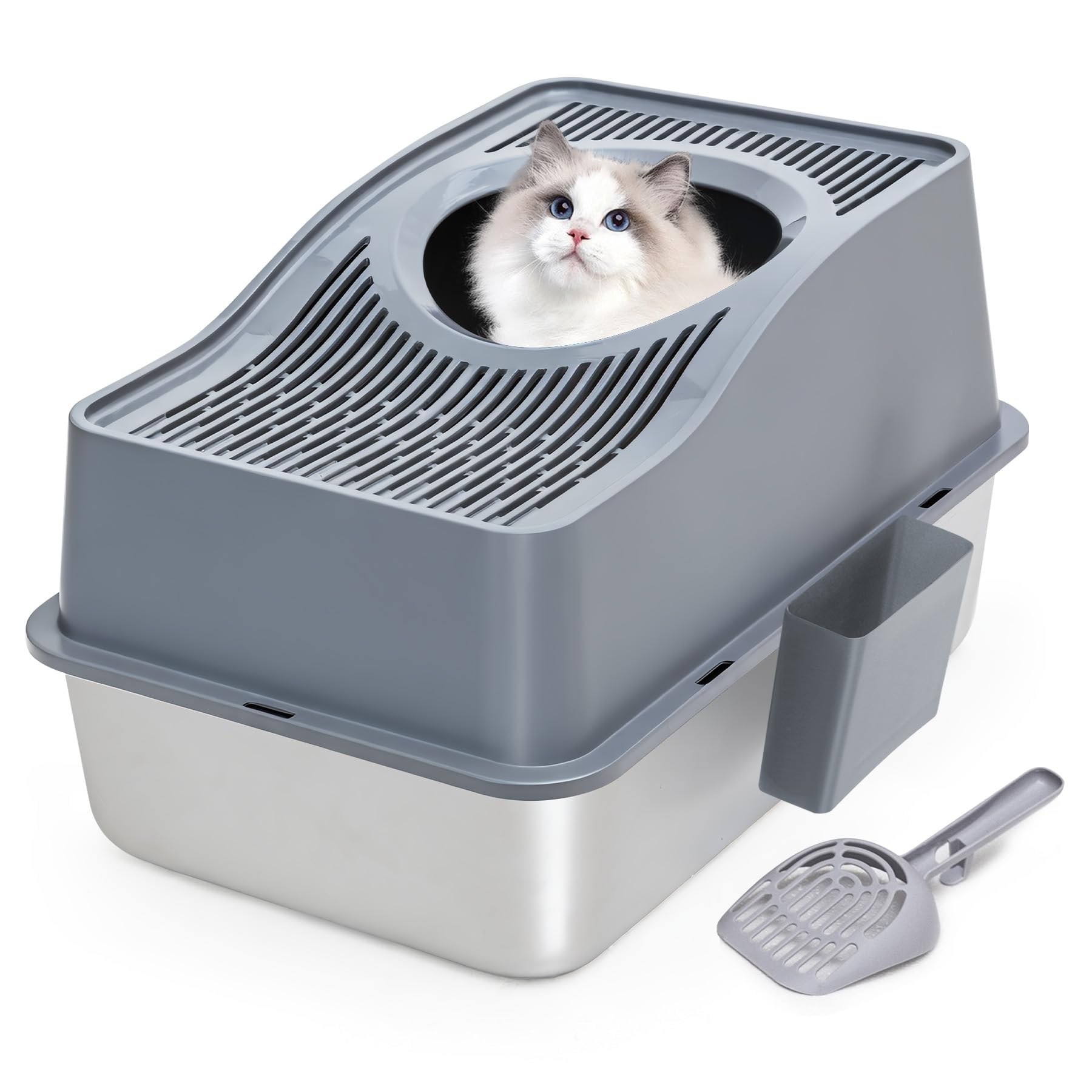 Kettnjoy Top Entry Cat Litter Box with Lid, Stainless Steel Enclosed Cat Kitty Litterbox, Top Loading Large Metal High Side Litter Pan Tray Box Enclosure Easy Cleaning Anti-Leakage