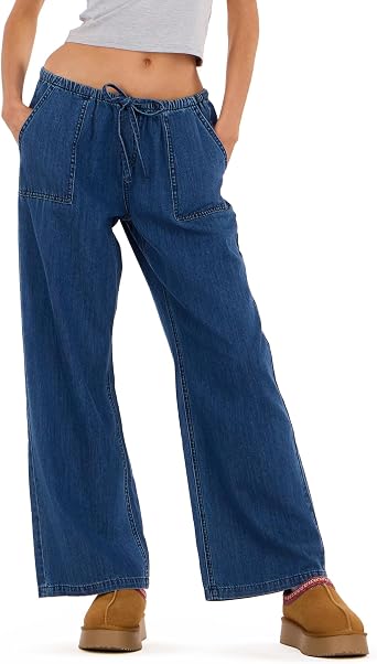 Forever 21 Womens Wide Leg Light Weight Denim with Drawstring and Pockets