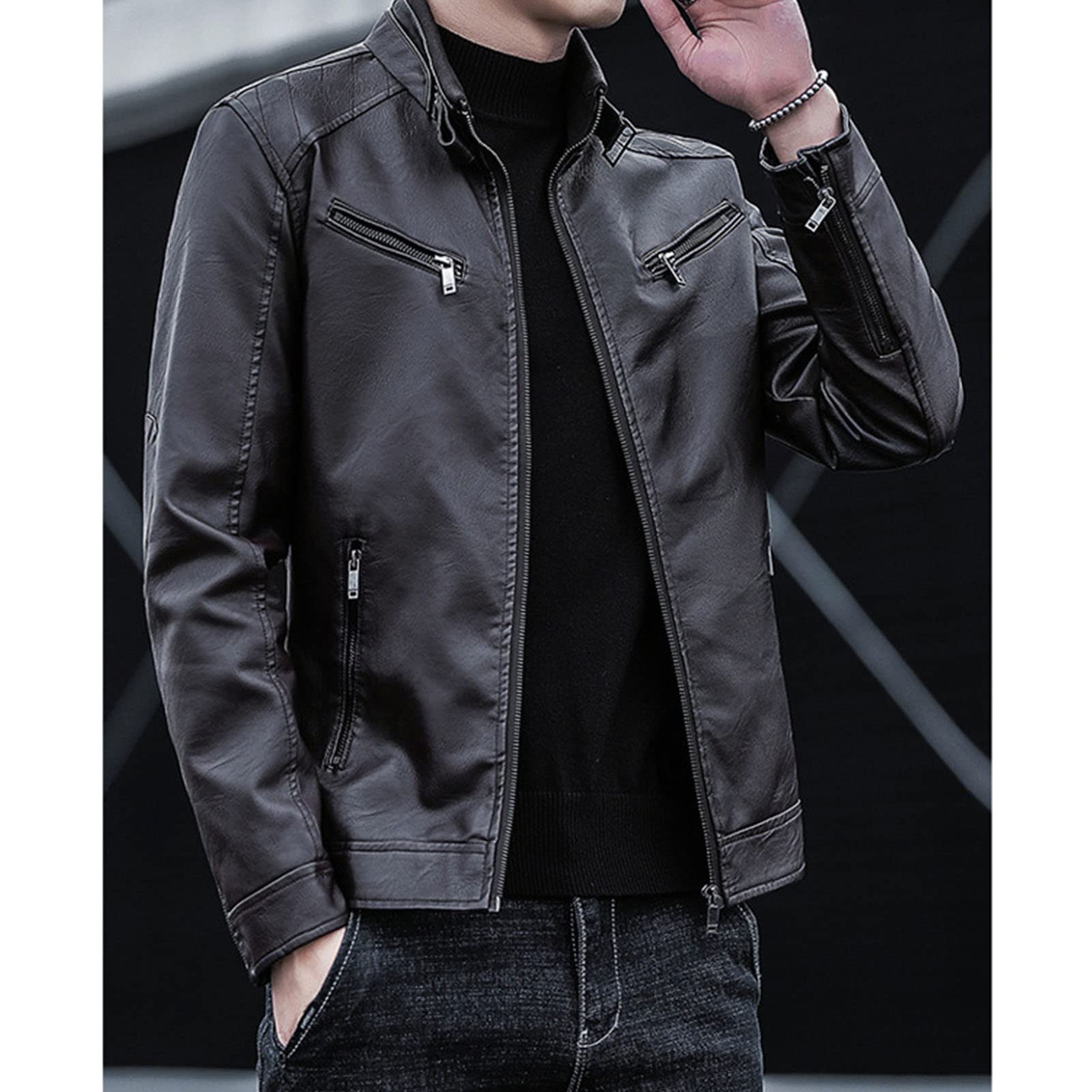 Maiyifu-GJ Men's Pu Lightweight Stand Collar Jacket Faux Leather Winter Slim Fit Jacket Vintage Motorcycle Windbreaker Coats (Brown,XX-Large)