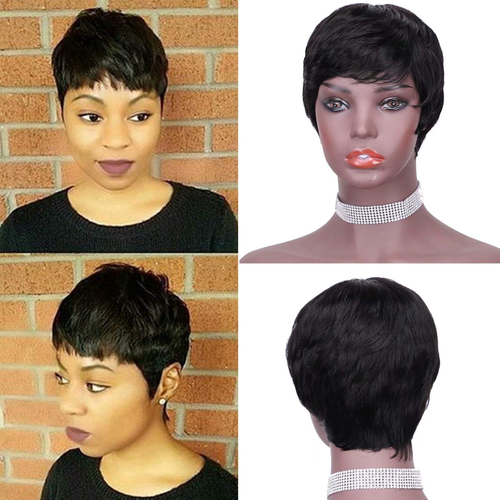Feel me Short Human Hair Pixie Wigs Cheap Pixie Cut Short Black Wavy Wigs Layered Short Human Hair Wigs for Black Women Straight Pixie Wigs with Bangs