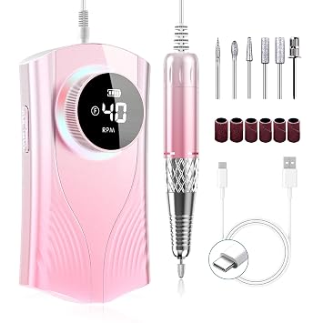 Electric Nail Drill Machine Professional, Cordless Rechargeable Nail Drill Kit Low Heat Quiet E-File for Acrylic Gel Polishing Removing with Bits Kit for Manicure Salon Home Pink