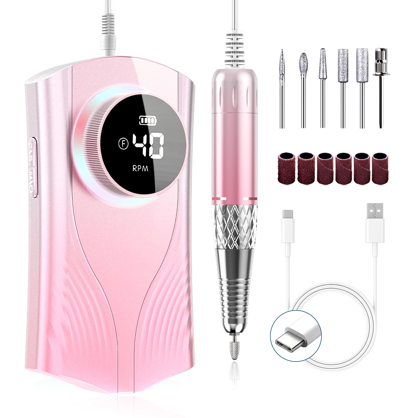 Professionelles elektrisches Nagelfräser-Set, kabellos und wiederaufladbar, inklusive Aufsätzen zum Polieren und Entfernen von Acryl- und Gel-Nagellack für den Heimgebrauch (Pink)