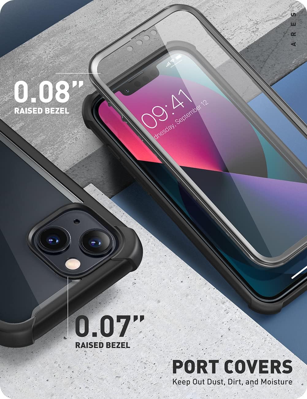 i-Blason Ares Series for iPhone 13 Mini 5G 5.4 inch (2021 Release), Rugged Clear Bumper Case with Built-in Screen Protector (Black)