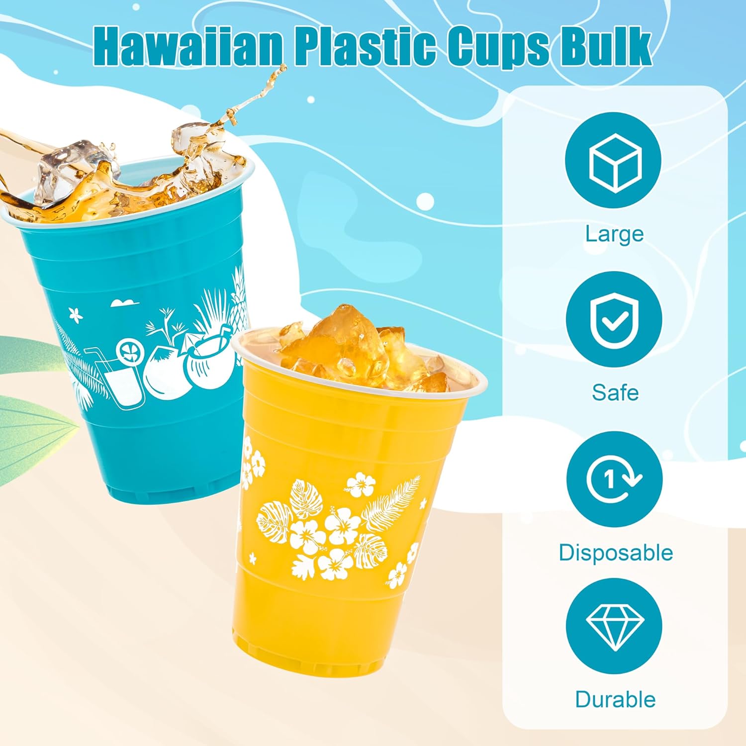 Kochorie 120 Pieces Hawaiian Luau Cups Tiki Party Decorations Cups 16 Oz Tiki Tropical Plastic Disposable Cup Coconut Beach Decoration for Tropical Moana Birthday Supplies