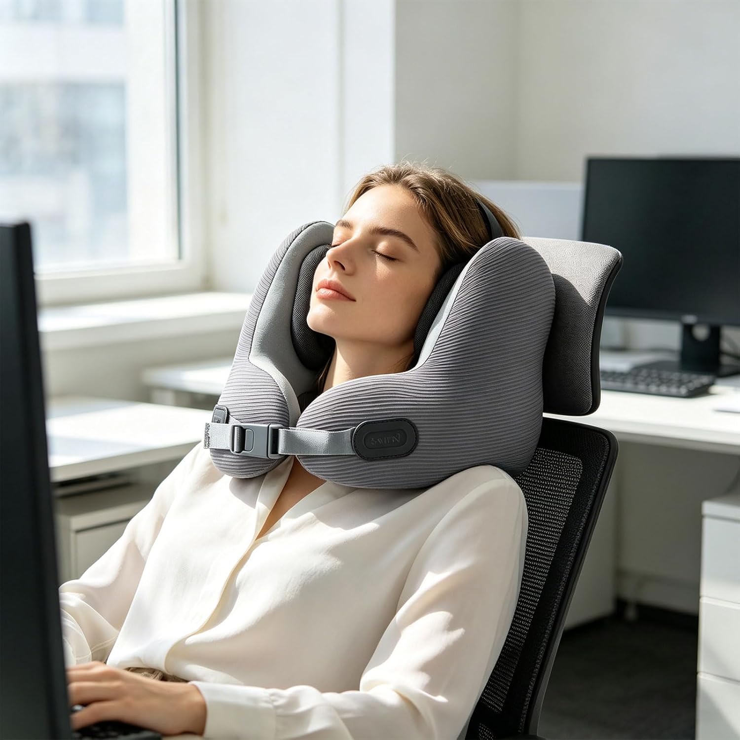 Mjaie Memory Foam Travel Pillow with Sound Reducing Ear Covers for Neck Supports on Airplanes and Short Sleeps