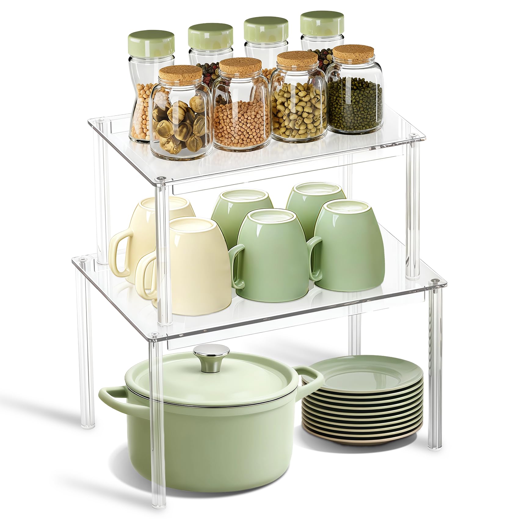 BOMOKS Clear Kitchen Cabinet Organizer, Set of 2 Stackable Spice Rack, Acrylic Shelves for Pantry Organizers and Storage, Tiered Spice Organization
