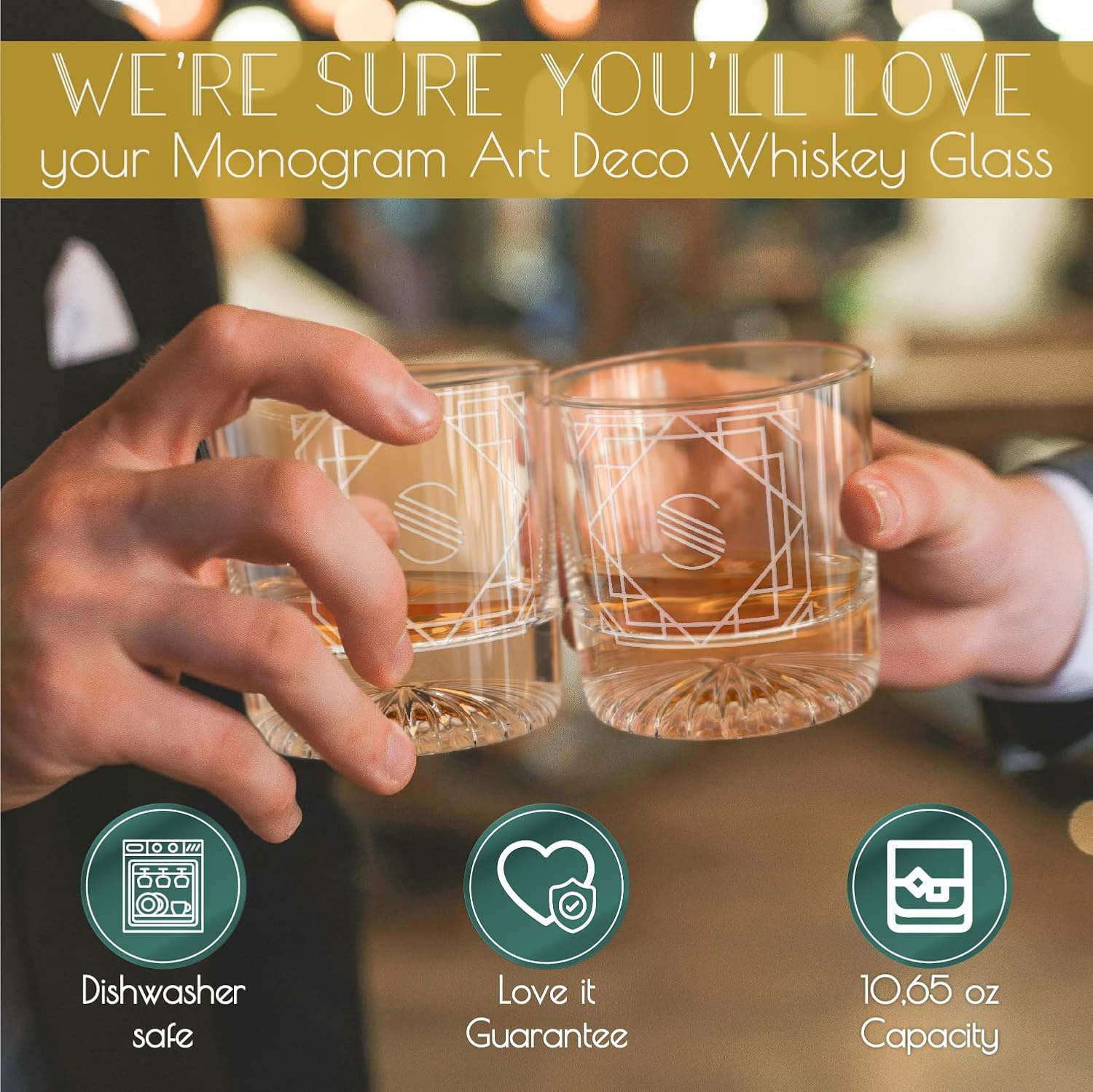 Greenline Goods - Monogram Art Deco Etched Letter S Whiskey Glass Perfect for Bourbon, Scotch, Liquor, Cocktail - Crystal Whiskey Glasses Set of 4 - Best Tasting Experience with Vintage Rocks Glasses - Image 6