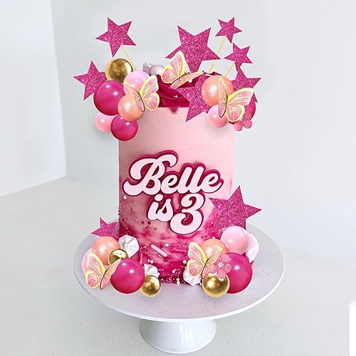 Miniatura 7 de Decoración para tartas de niña rosa intenso con bolas de mariposa de oro rosa, decoración de pastel de estrella para boda, aniversario, cumpleaños