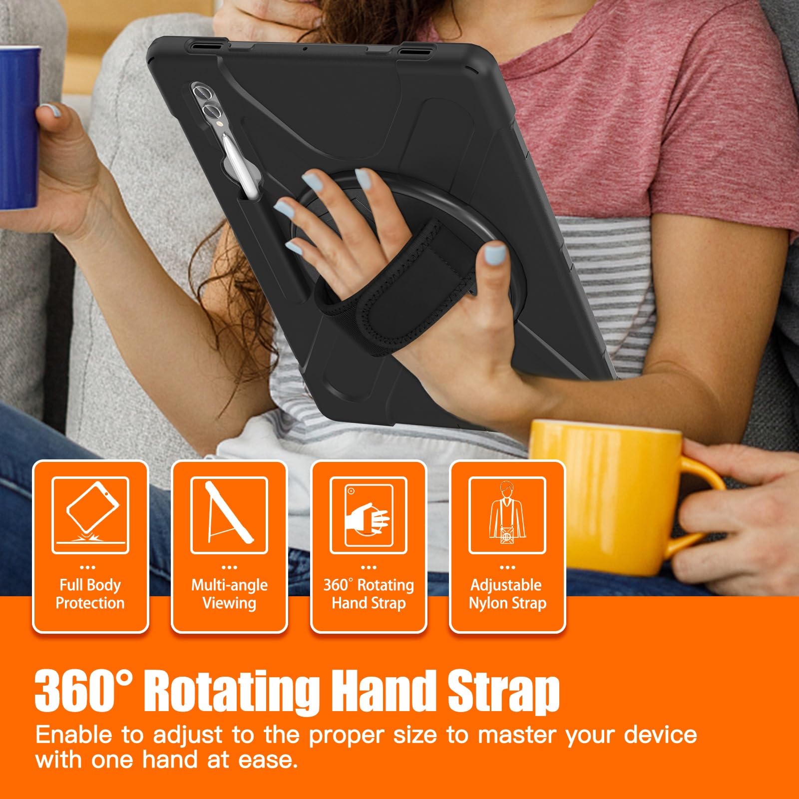 Kompatybilny z etui Samsung Galaxy Tab S9 Ultra 14,6 cala 2023 SM-X910/X916B/X918U Etui uchwytem na długopis, wytrzymałe, odporne wstrząsy chroniące przed upadkiem Osłona paska ramię dla dzieci(Noir)