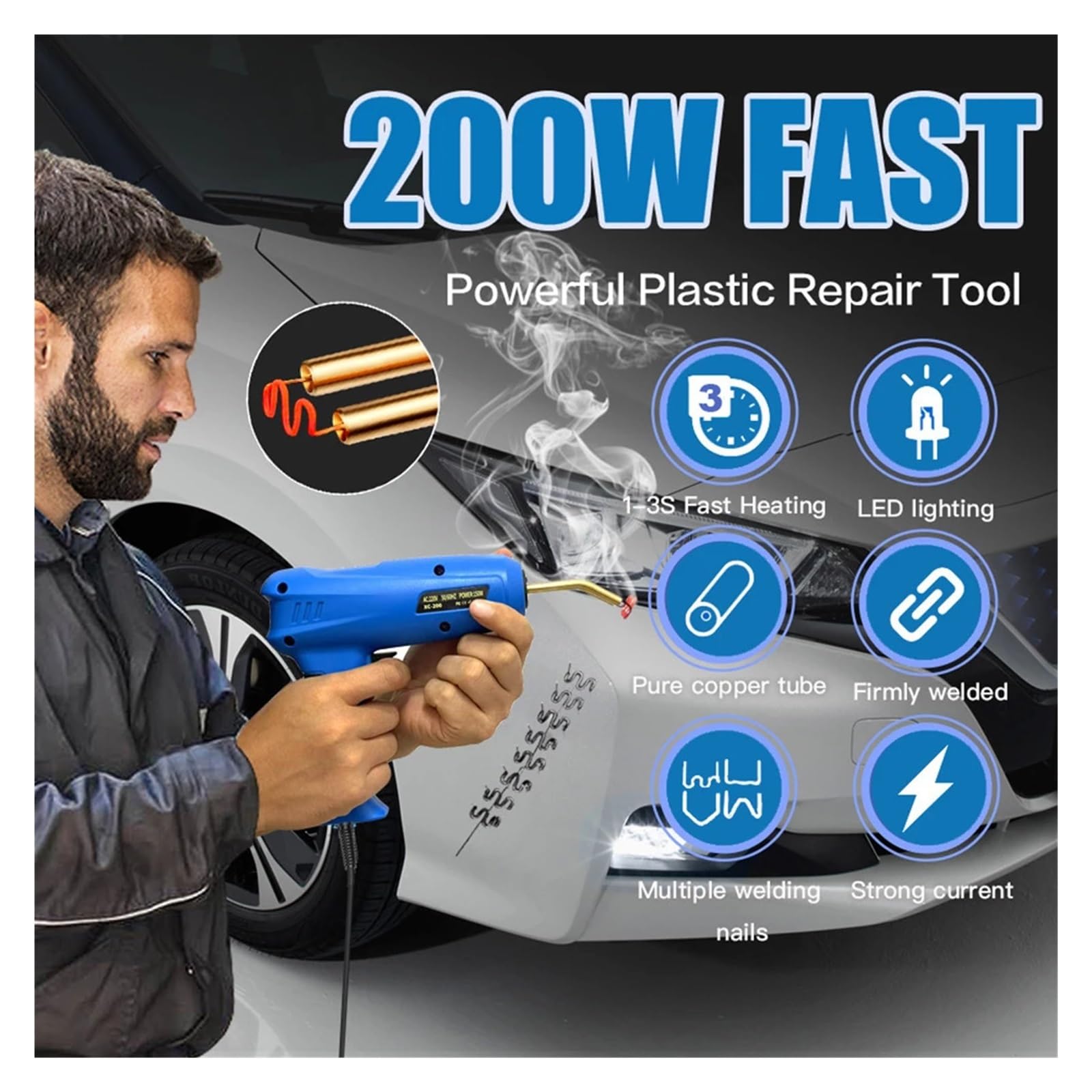 200W Maszyna Do Naprawy Zderzaków Samochodowych O Dużej Mocy Naprawa Tworzyw Sztucznych Pistolet Spawalniczy Spawanie Paznokci Spawarka Maszyn Szybkie Nagrzewanie Wysoka Wydajność(Yellow 200pc)
