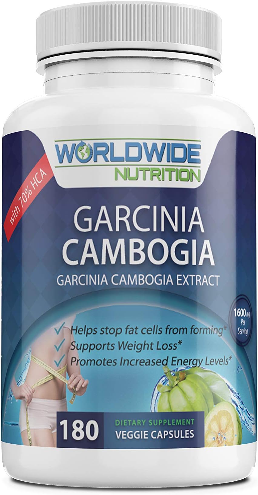 Worldwide Nutrition 70 Percent HCA Garcinia Cambogia Extract Weight Loss Supplement, 1600 Milligrams per Serving, 180 Veggie Capsules