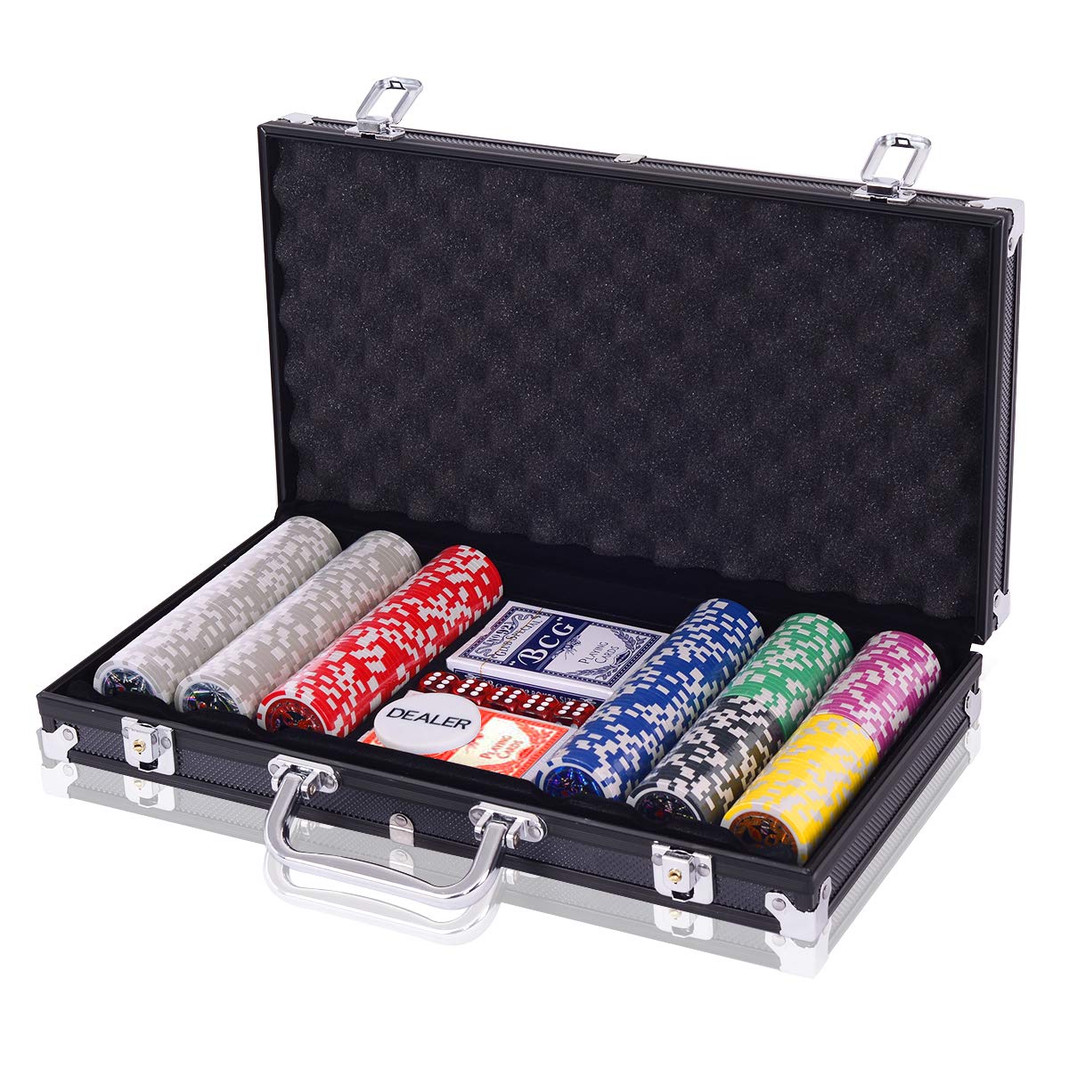 COSTWAY Malette Poker, Jetons Poker avec Ensemble de 300 Jetons et 2 Jeux de Cartes, 5 Dés, 1 Bouton, Dealer, Mallette en Aluminium (Noir)