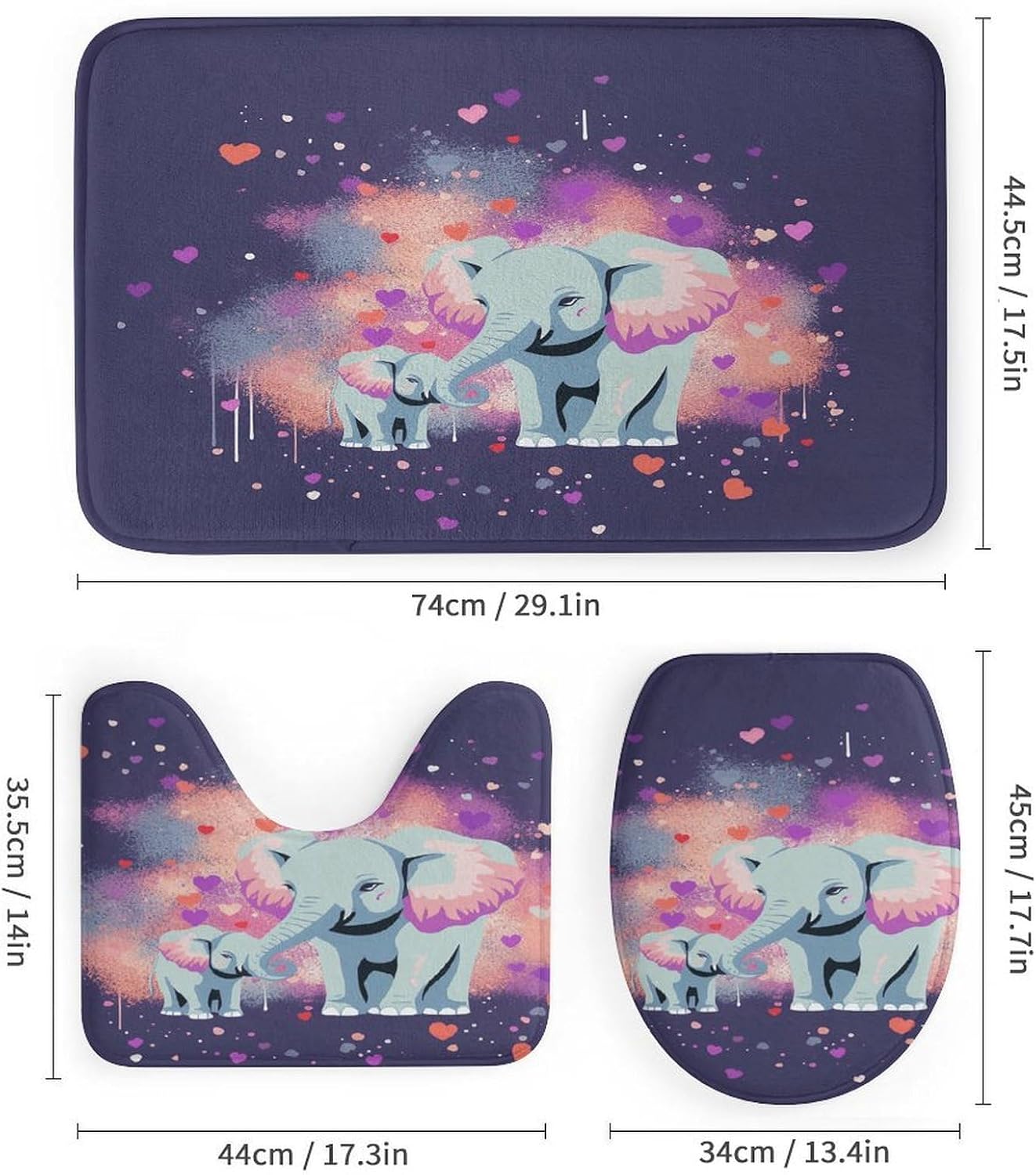 Elephant Sprays Love 4Pcs Shower Curtain Set with Non-Slip Rugs, Toilet Lid Cover and Bath Mat,Bathroom Set Decor Accessories,Curtain Set with 12 Hooks, 72 X 72 Inch