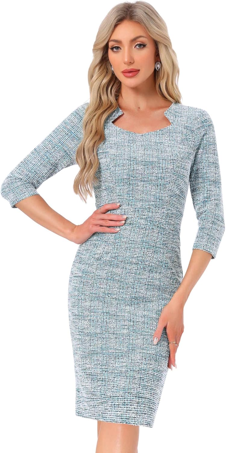 Allegra K Tweed Dress for Women Elegant 3/4 Sleeve Plaid Business Work Bodycon Pencil Dress