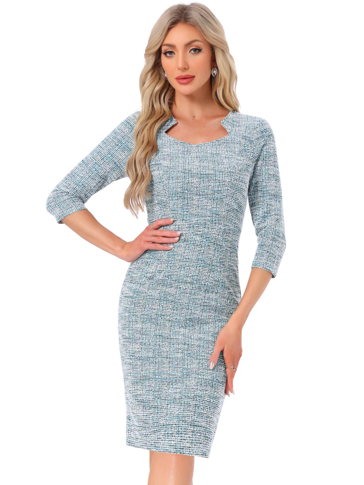 Allegra K Tweed Dress for Women Elegant 3 4 Sleeve Plaid Business Work Bodycon Pencil Dress