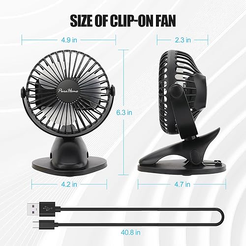 Miniatura 7 de Ventilador de clip portátil que funciona con pilas, mini ventilador de mesa recargable por USB de 3 velocidades con fuerte flujo de aire, rotación