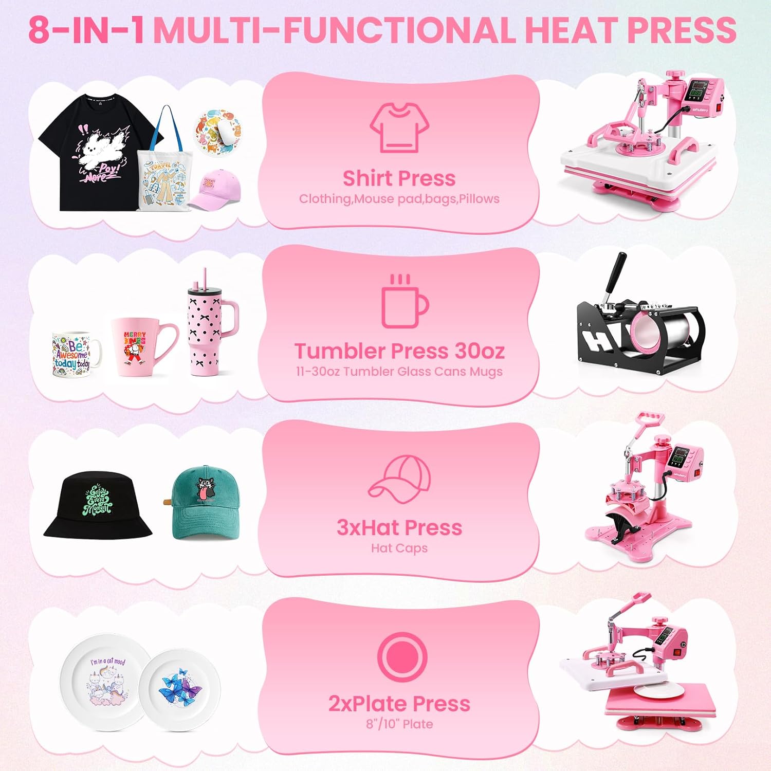 Whubefy Upgraded Heat Press Machine 12x15, 5 in 1 Clamshell Heat Press Combo w/3 DTF, Sublimation Paper, Tumbler Heat Press 20oz, Vinly/HTV/Sublimation/Heat Transfer Shirt Heat Press Machine