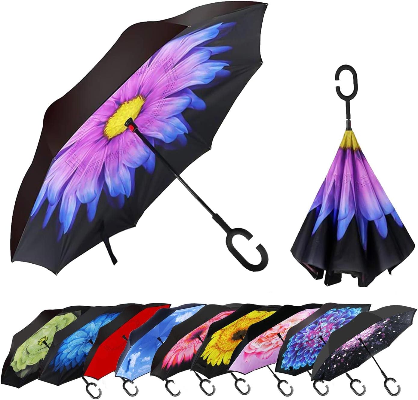 40/49/56 Inch Oversize Windproof Inverted Reverse Upside Down Umbrella, Golf Size Rain Umbrella, Double Layer, C-Shaped Handle for Men, Women and Kids