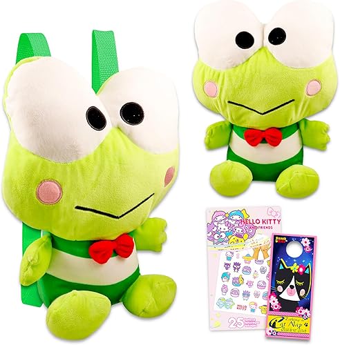 Hello Kitty and Friends Keroppi - Juego de peluche con muñeca de peluche Keroppi de 14 pulgadas con correas de transporte más tatuajes temporales y