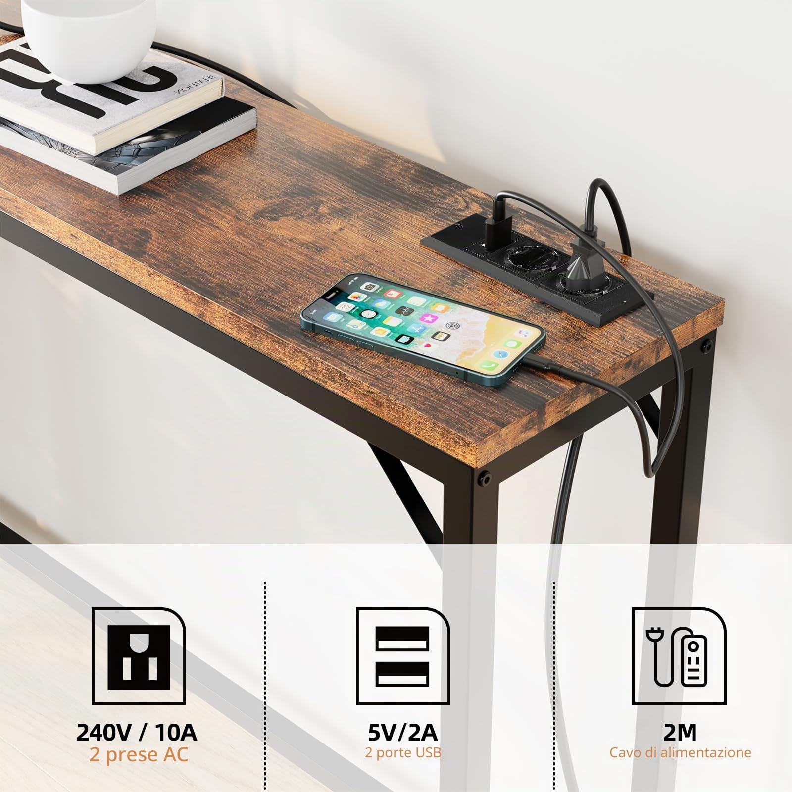 Garvee Consolle Ingresso Con Stazione Di Ricarica, Tavolo Consolle Stretto In Metallo e MDF Per Soggiorno, Corridoio, 100 x 23 x 80 cm, Marrone Rustico