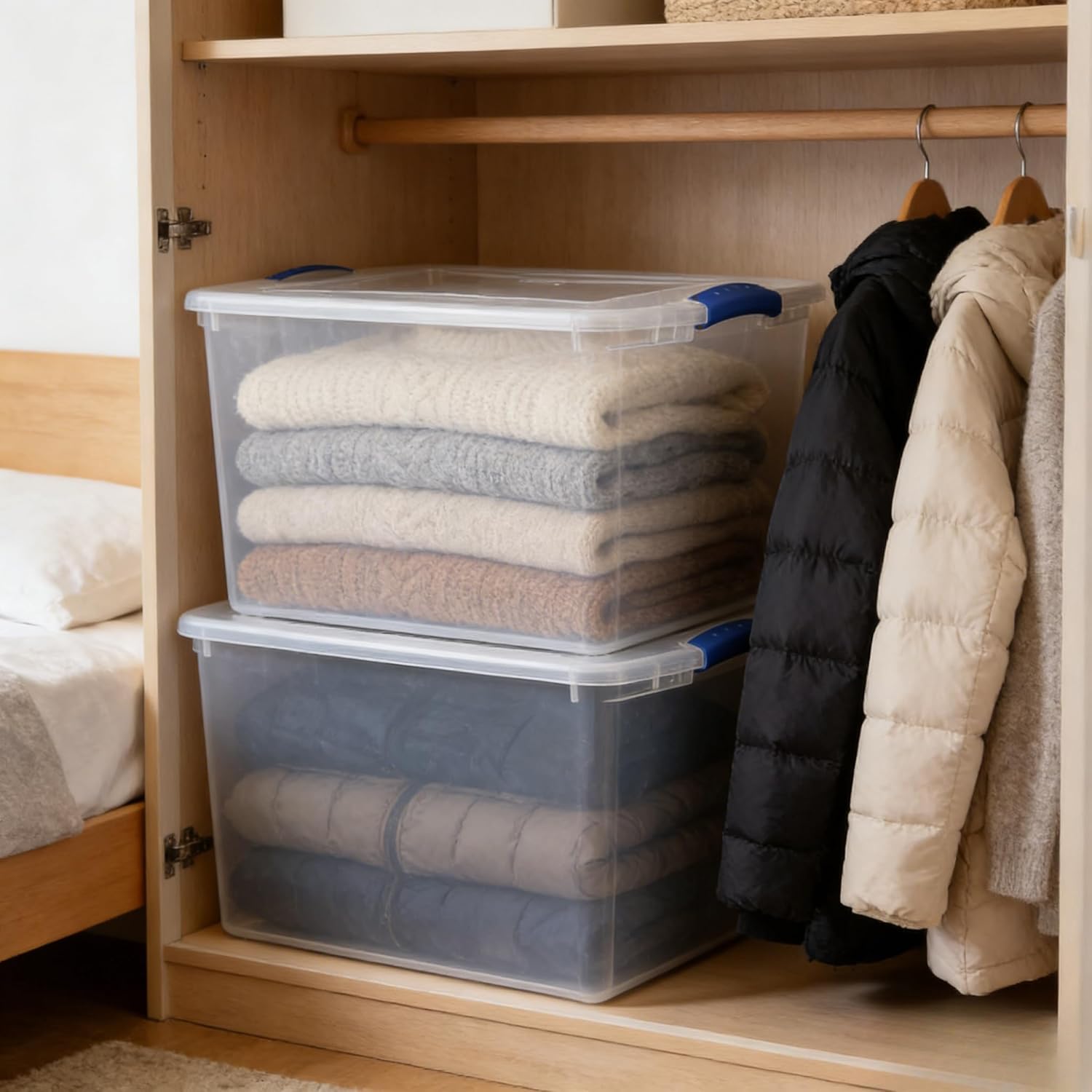 66 Quart Clear Latching Storage Bins, 4 Pack Stackable Plastic Containers with Lid for Garage Organization and Closet Storage, 24" x 16" x 13 7/8"