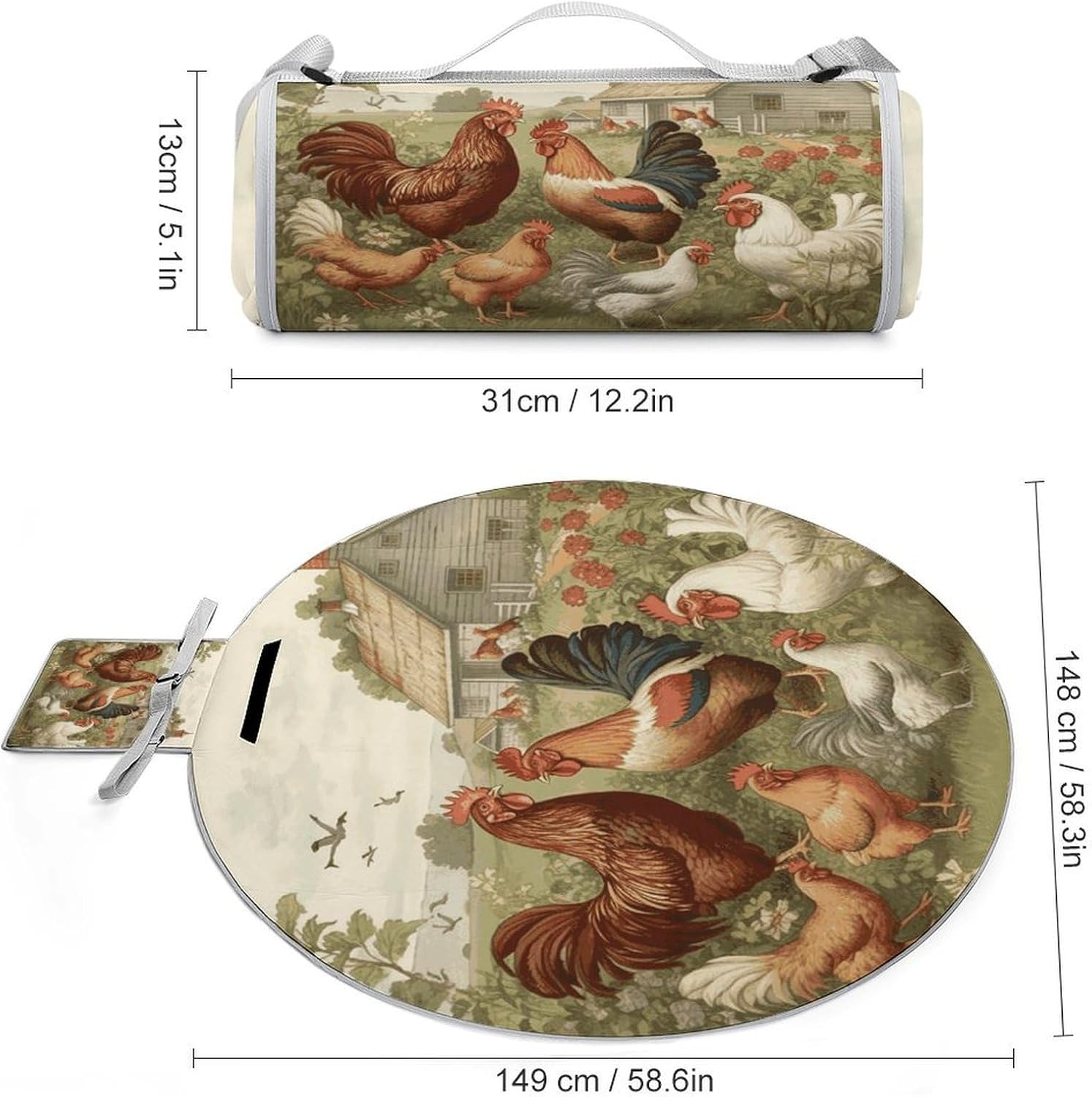 Chickens and Farm Picnic Mat Lightweight Waterproof Picnic Blankets Extra Large Picnic Outdoor Blankets Foldable Sandproof Beach Blanket for Park Beach Camping Courtyard 58.3''x58.3''