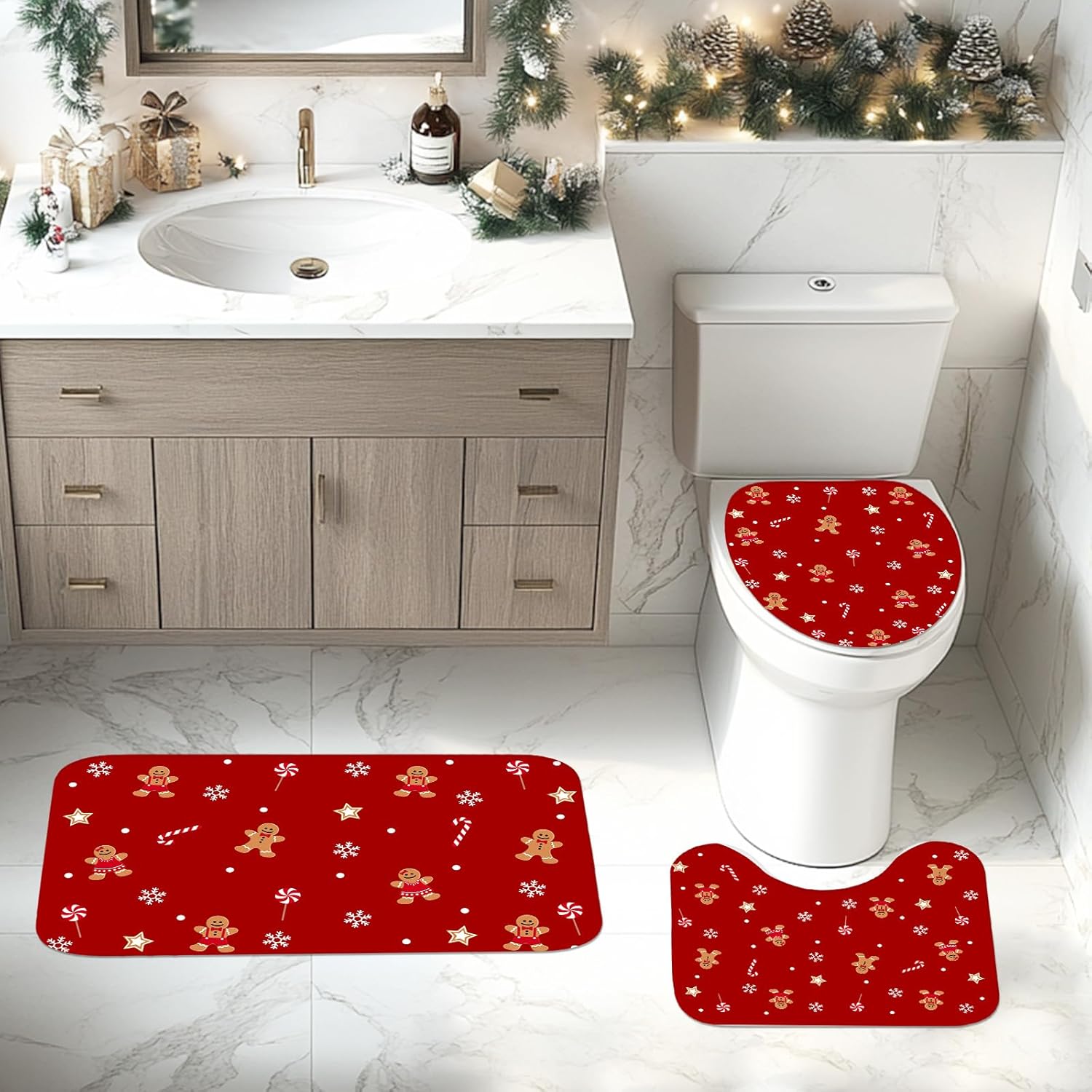Mocsicka Red Christmas Shower Curtain Set, Xmas Candy Stars Cute Gingerbread-Man Snowflake Christmas Bathroom Decor Accessory Set with Non-Slip Washable Bath Rugs Toilet Lid Cover