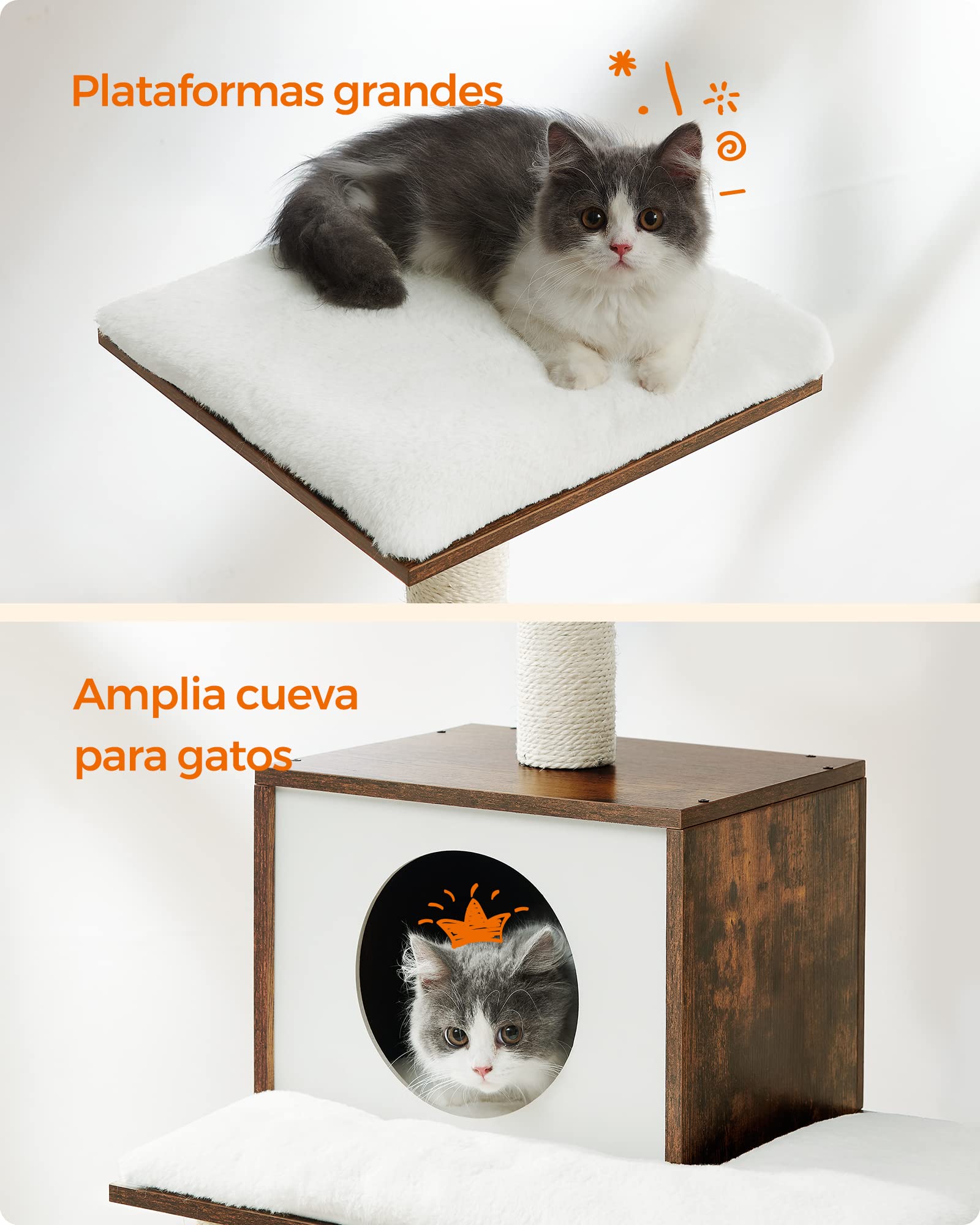 FEANDREA Árbol para Gatos de Interior 138 cm - Torre Moderna con Postes de Rascado, Hamaca, Felpa Suave, Cojines Lavables, Condominio de Varios Niveles, Marrón Rústico