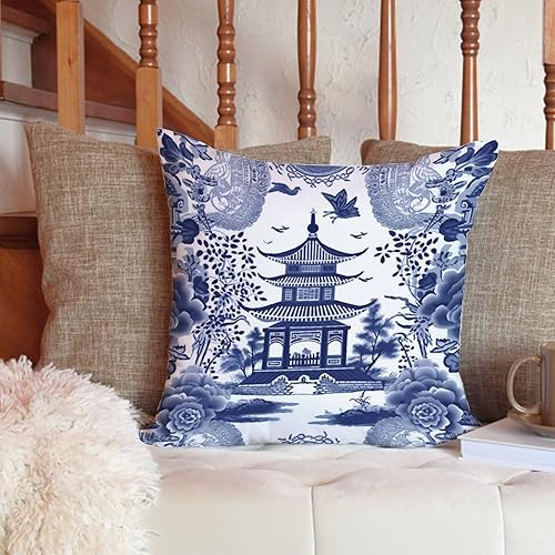 Miniatura 6 de ArogGeld Chinoiserie - Cojín de cojín de pagoda asiática azul índigo, pagoda y flor, cuadradas, para sofá, 16 x 16 pulgadas, lino blanco