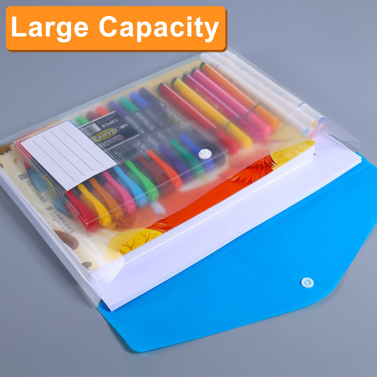 Lot De 12 Pochettes Plastique A4 Extensibles - Avec étiquettes Et Bouton - Pour Classeur, Bureau, école - Jusqu'à 200 Feuilles