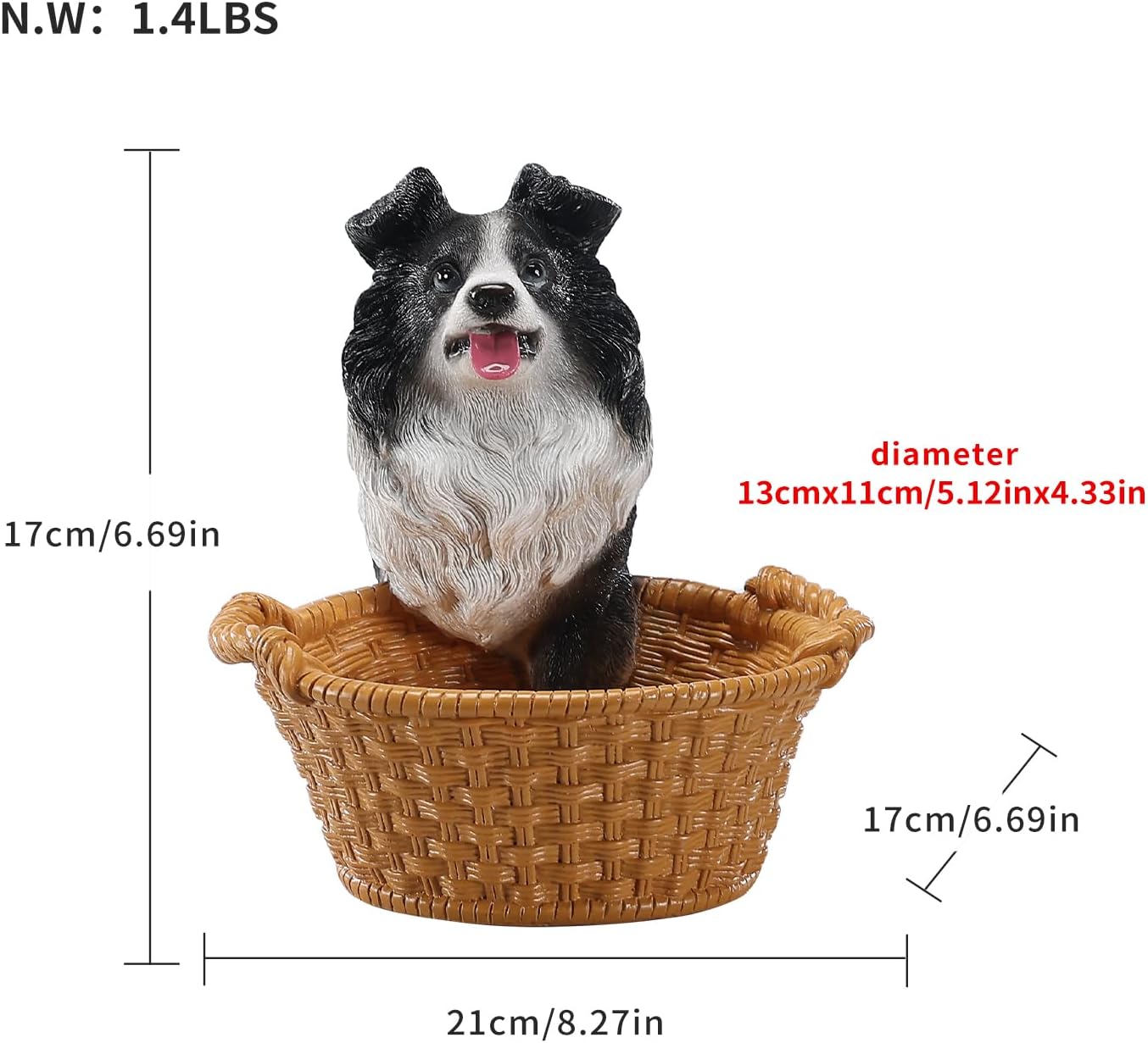 Border Collie Storage Basket, Small Resin Desk Organizer, Cute Border Collie Face Holder for Keys, Remote, Dog Toys – 6.69in, 1.4 LBS